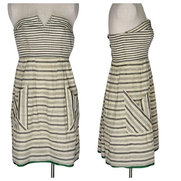 Anthropologie Maeve Strapless Mini Dress Size 2 Striped Beige Gray Cotton Linen - Picture 1 of 11